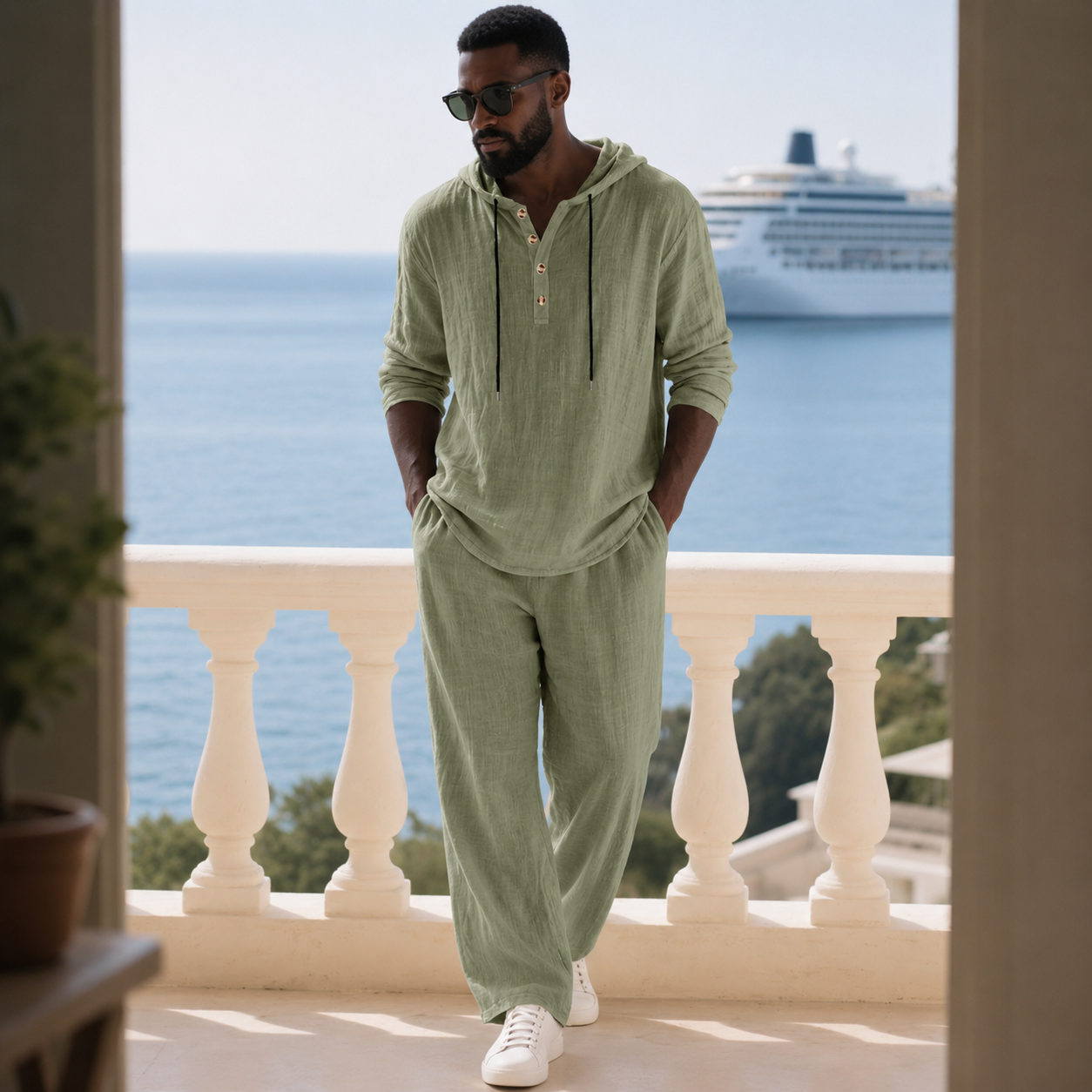 Men's Casual Home Wear Set Long Sleeve Pants With Hood